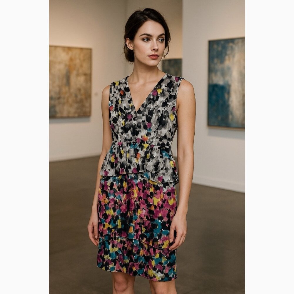BCBGMaxAzria Amalia Silk Peplum Dress 8 Multicolor Abstract Print Gallery Chic